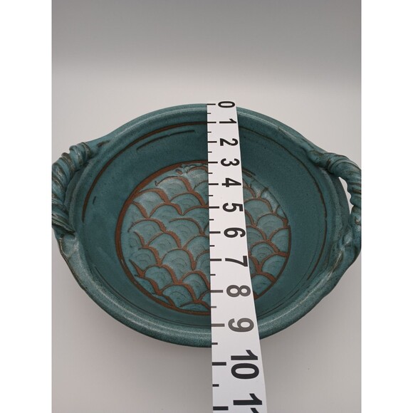 Signed Studio Pottery Bowl With Twisted Handles Teal Blue Fishscale Design - Picture 8 of 9